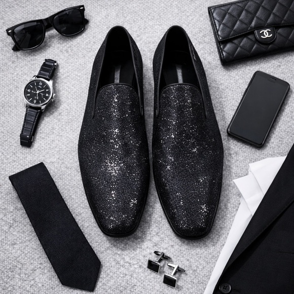 Steve Madden Black Glitter Loafers Slip-On Dress Shoes Mens Sparkle Party Luxe Steve Madden Black Glitter Loafers Slip-On Dress Shoes Mens Sparkle Party Luxe